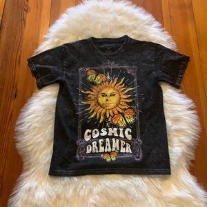 Rebellious One, cosmic Dreamer, graphic tee, black denim wash, cotton, junior XS